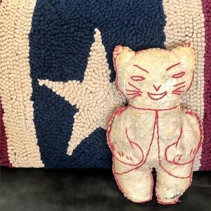 Antique Cat / c.1930s Prim Make-do Embroidered Doll / Depression Era